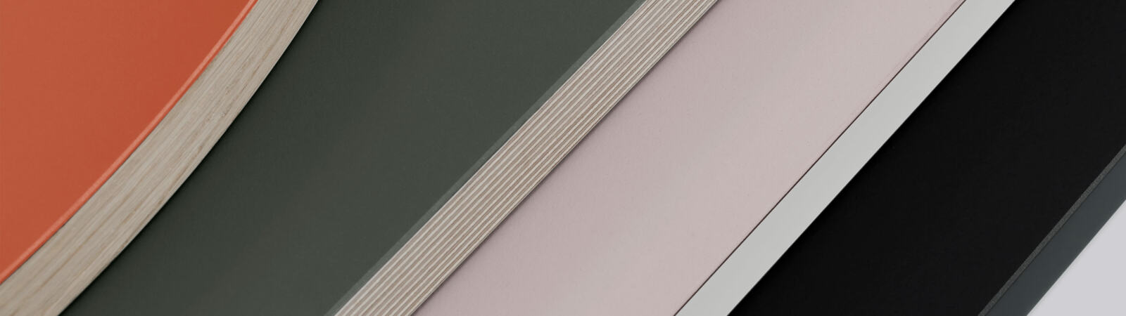 A series of wooden surfaces with different linoleum-lined colours and types of edges