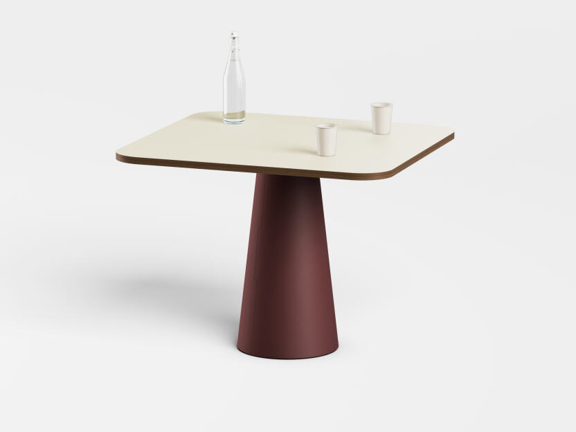 ALT (All Linoleum Table) conical table base with square tabletop. Lined with Mushroom and Burgundy linoleum, designed by Keiji Takeuchi