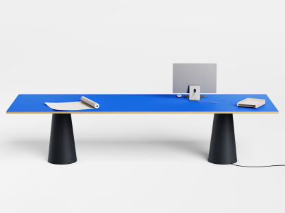 ALT (All Linoleum Table) conical table base with rectangular tabletop and embedded cable management solutions. Lined with Midnight Blue and Carbon linoleum, designed by Keiji Takeuchi