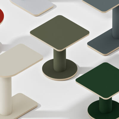Eine Kollektion von OFF-CUT Beistelltischen, entworfen von BIG-GAME, erhältlich in halbrunden, rechteckigen, runden und quadratischen Formaten, mit verschiedenen Linoleum-Farbkombinationen.