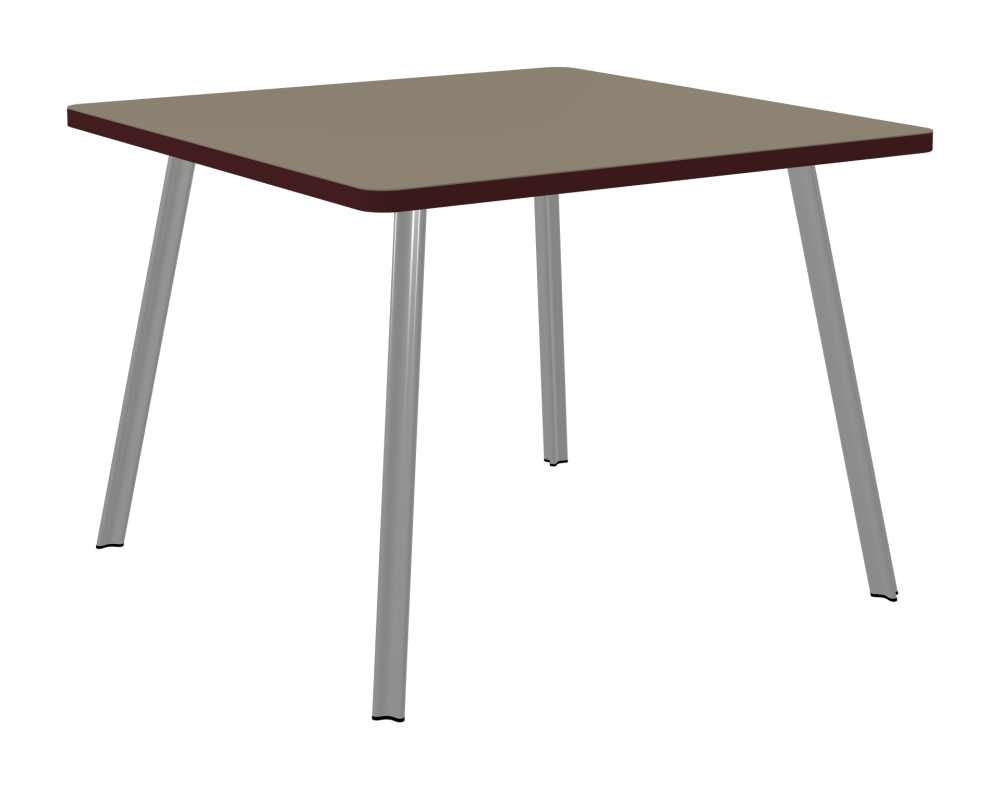 BEAM Tisch - Form Eckig - Länge 100,00 cm - Tiefe 100,00 cm - Radius 4,00 cm - Stärke 3 cm - Oberseite Linoleum, 4011 Taupe - Kern Stäbchenplatte - Kante Linoleum, 4154 Burgundy - Kantenschräge 90° / BEAM Tischbeine - Material und Farbe Aluminium, matt eloxiert - Profilgröße Klein - Höhe 71 cm - Set 4 Tischbeine