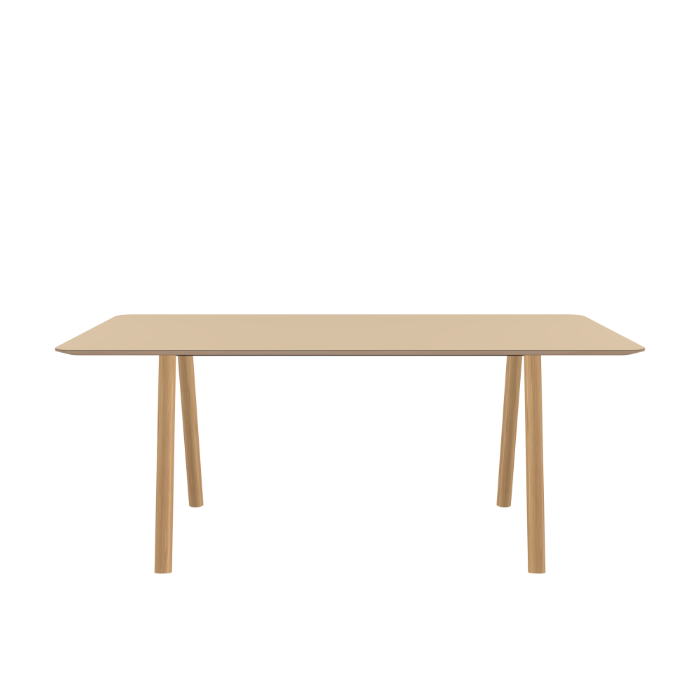 DIN PLUS Tisch - Form Eckig - Länge 180,00 cm - Tiefe 90,00 cm - Radius 6,00 cm - Stärke 2 cm - Freiformfläche 1.00000000 - Oberseite Linoleum, 4007 Macadamia - Kern Multiplex Birke - Kantenschräge 25° / DIN PLUS Tischgestell - Materialien und Farben Holz, Eiche, matt geölt - Länge 126 cm - Breite S - Tischbeinprofil Rund - Set 2 Stück