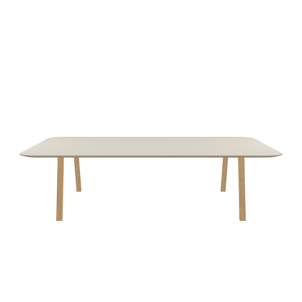 DIN PLUS Tisch - Form Eckig - Länge 280,00 cm - Tiefe 160,00 cm - Radius 18,00 cm - Stärke 2,6 cm - Freiformfläche 1.00000000 - Oberseite Linoleum, 4176 Mushroom - Kern Multiplex Birke - Kantenschräge 25° / DIN PLUS Tischgestell - Materialien und Farben Holz, Eiche, matt geölt - Länge 206 cm - Breite XL - Tischbeinprofil Rechteckig - Set 2 Stück