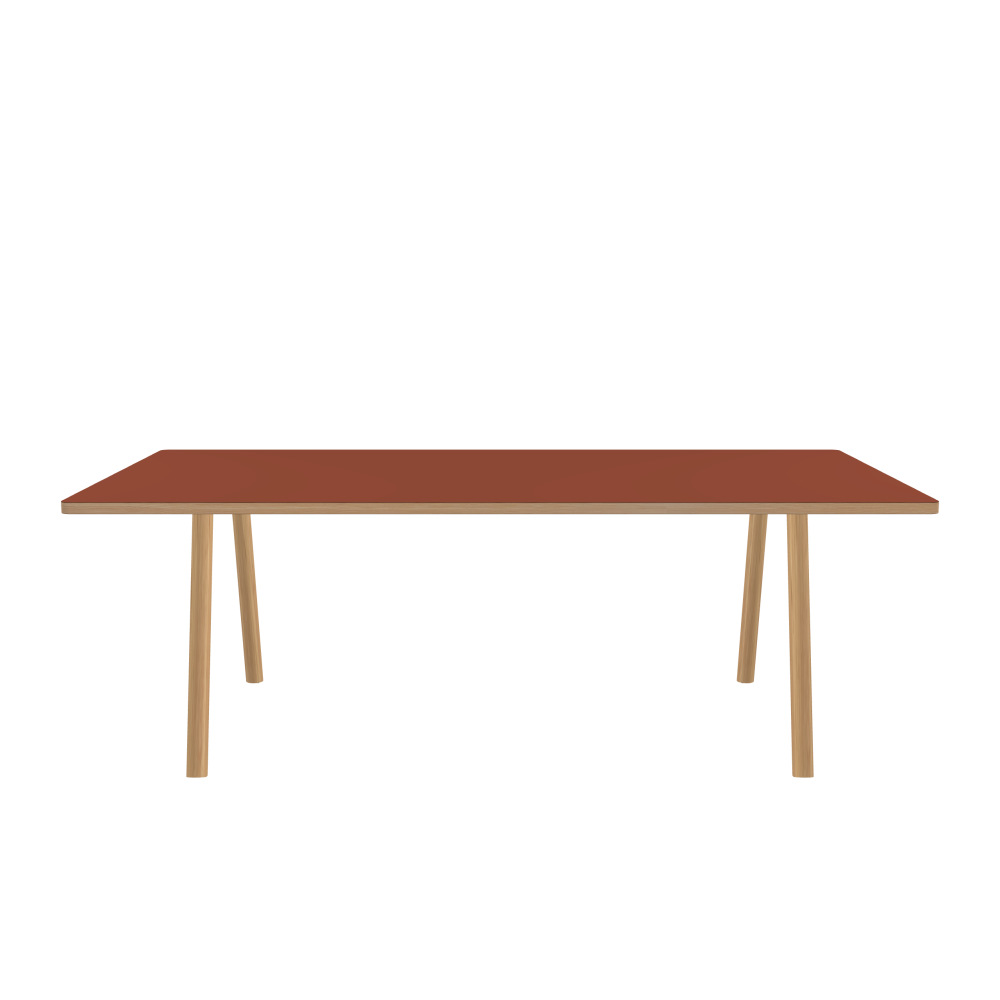 DIN PLUS Tisch - Form Eckig - Länge 220,00 cm - Tiefe 110,00 cm - Radius 2,60 cm - Stärke 3 cm - Oberseite Linoleum, 4008 Brick - Kern Stäbchenplatte - Kante Holz, Lärche - Kantenschräge 90° / DIN PLUS Tischgestell - Materialien und Farben Holz, Eiche, matt geölt - Länge 166 cm - Breite M - Tischbeinprofil Rund - Set 2 Stück