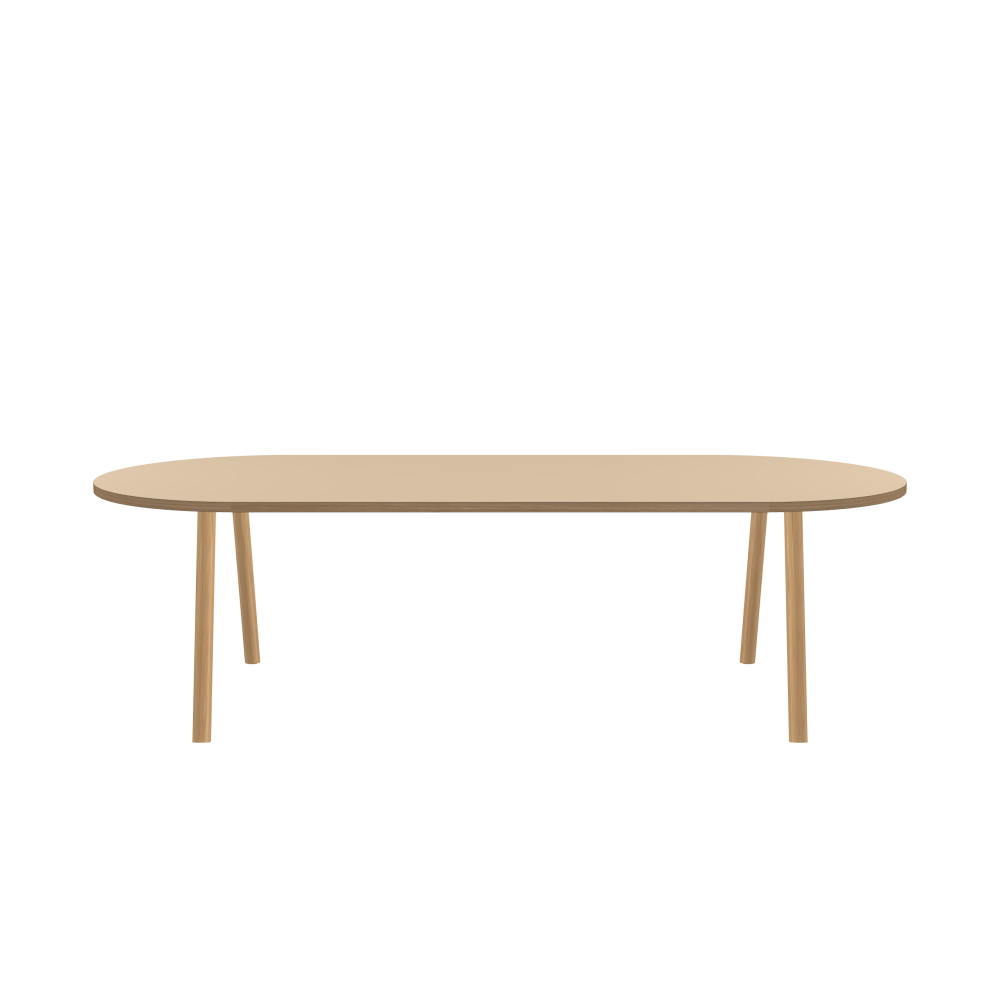 DIN PLUS Tisch - Form Eckig - Länge 260,00 cm - Tiefe 110,00 cm - Radius 55,00 cm - Stärke 3 cm - Freiformfläche 1.00000000 - Oberseite Linoleum, 4007 Macadamia - Kern Stäbchenplatte - Kante Holz, Eiche - Kantenschräge 90° / DIN PLUS Tischgestell - Materialien und Farben Holz, Eiche, matt geölt - Länge 186 cm - Breite M - Tischbeinprofil Rund - Set 2 Stück