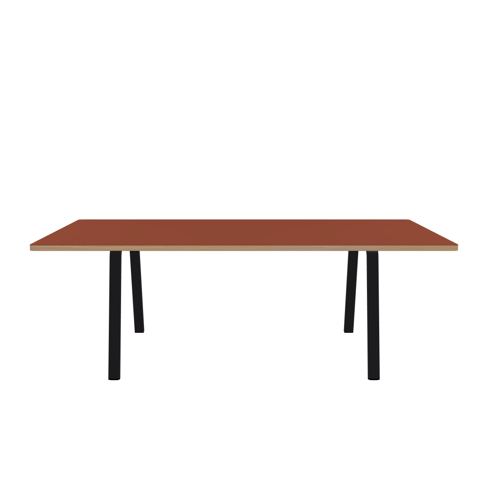 DIN Tisch - Form Eckig - Länge 220,00 cm - Tiefe 110,00 cm - Radius 2,60 cm - Stärke 3 cm - Oberseite Linoleum, 4008 Brick - Kern Stäbchenplatte - Kante Holz, Lärche - Kantenschräge 90° / DIN Tischgestell - Materialien und Farben Pulverbeschichteter Stahl, Jet Black (RAL 9005) - Breite M - Set 2 Stück