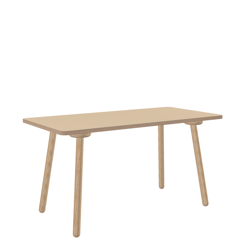 MT2 Tisch - Form Eckig - Länge 140,00 cm - Tiefe 70,00 cm - Radius 4,00 cm - Stärke 2,6 cm - Freiformfläche 1.00000000 - Oberseite Linoleum, 4007 Macadamia - Kern Multiplex Birke - Kantenschräge 90° / MT2 Tischbeine - Material und Farbe Holz, Eiche, natur, matt geölt - Set 4 Tischbeine