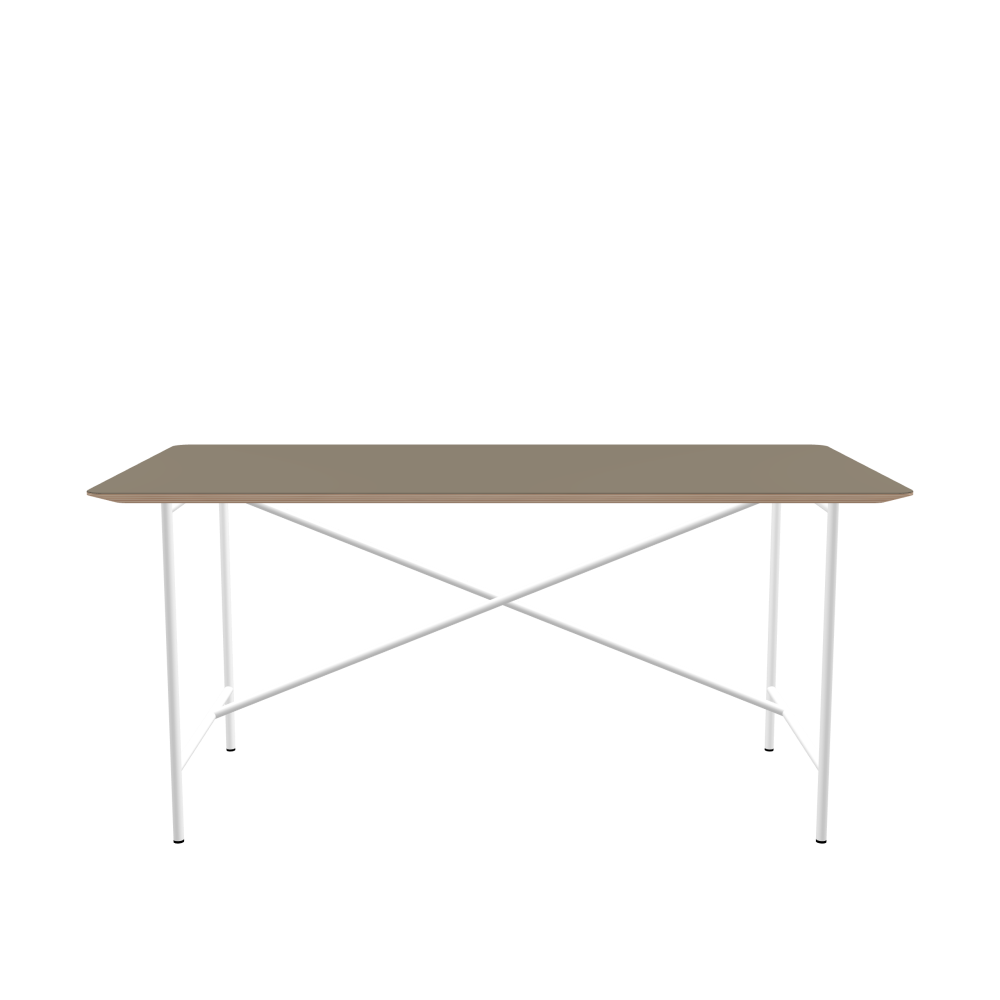 E2 Tisch - Form Eckig - Länge 160,00 cm - Tiefe 80,00 cm - Radius 4,00 cm - Stärke 2,6 cm - Freiformfläche 1.00000000 - Oberseite Linoleum, 4011 Taupe - Kern Multiplex Birke - Kantenschräge 25° / E2 Tischgestell - Material und Farbe Stahl, Verkehrsweiß (RAL 9016) - Kreuzstreben Versetzt - Länge 135 cm - Breite 60 cm - Höhe 72 cm