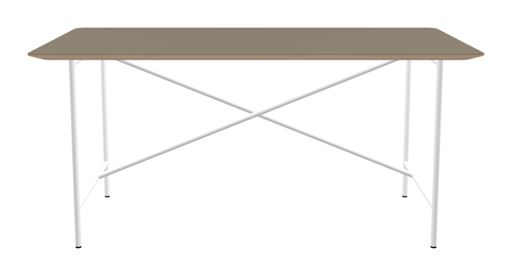 E2 Tisch - Form Eckig - Länge 160,00 cm - Tiefe 80,00 cm - Radius 4,00 cm - Stärke 2,6 cm - Freiformfläche 1.00000000 - Oberseite Linoleum, 4011 Taupe - Kern Multiplex Birke - Kantenschräge 25° / E2 Tischgestell - Material und Farbe Stahl, Verkehrsweiß (RAL 9016) - Kreuzstreben Versetzt - Länge 135 cm - Breite 60 cm - Höhe 72 cm