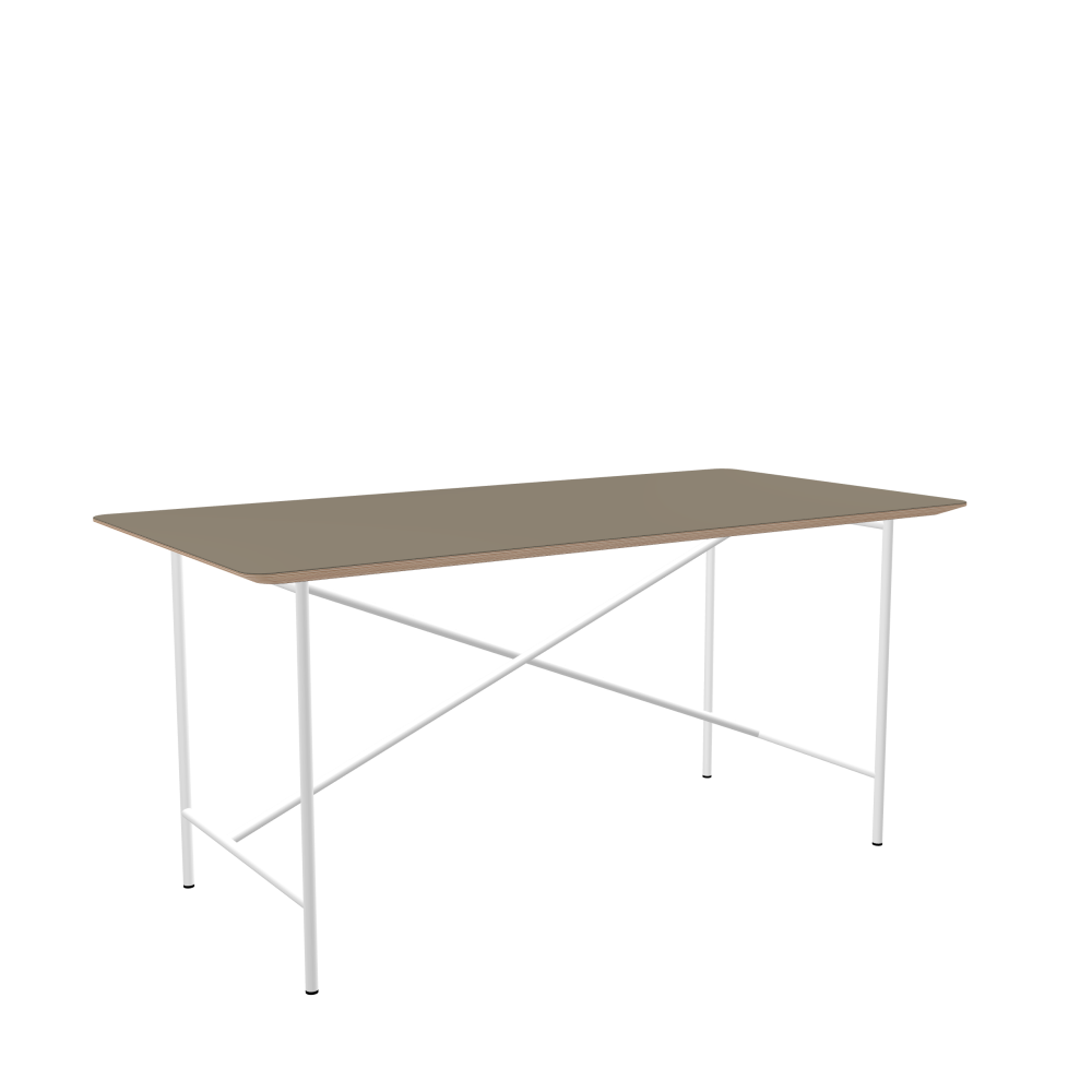E2 Tisch - Form Eckig - Länge 160,00 cm - Tiefe 80,00 cm - Radius 4,00 cm - Stärke 2,6 cm - Freiformfläche 1.00000000 - Oberseite Linoleum, 4011 Taupe - Kern Multiplex Birke - Kantenschräge 25° / E2 Tischgestell - Material und Farbe Stahl, Verkehrsweiß (RAL 9016) - Kreuzstreben Versetzt - Länge 135 cm - Breite 60 cm - Höhe 72 cm
