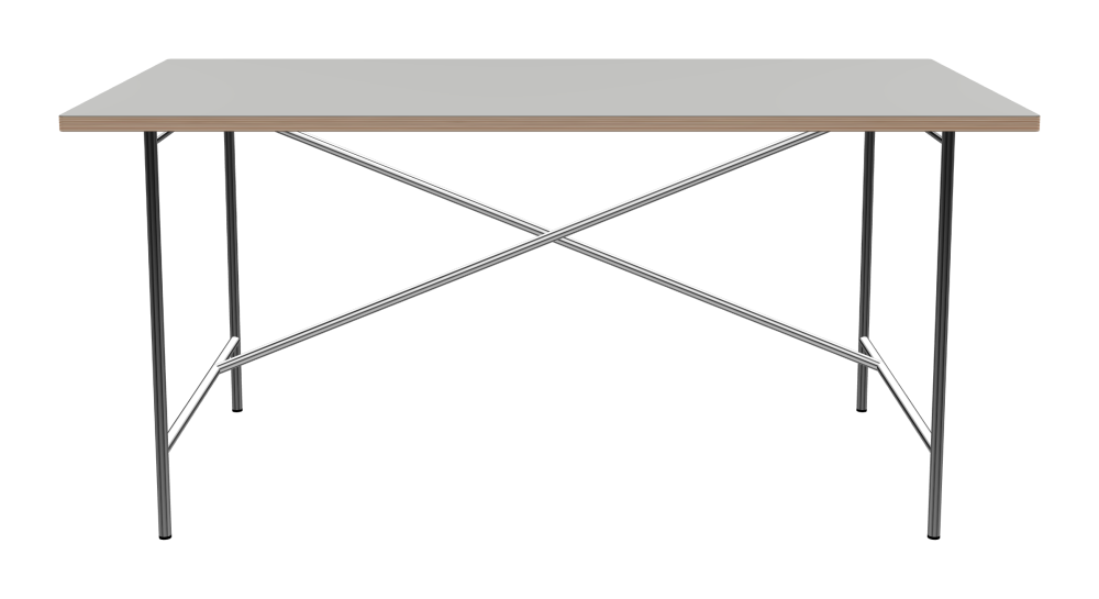 E2 Tisch - Form Eckig - Länge 160,00 cm - Tiefe 80,00 cm - Radius 1,00 cm - Stärke 2,6 cm - Freiformfläche 1.00000000 - Oberseite Linoleum, 4175 Pebble - Kern Multiplex Birke - Kantenschräge 90° / E2 Tischgestell - Material und Farbe Stahl, Verchromt - Kreuzstreben Versetzt - Länge 135 cm - Breite 70 cm - Höhe 72 cm