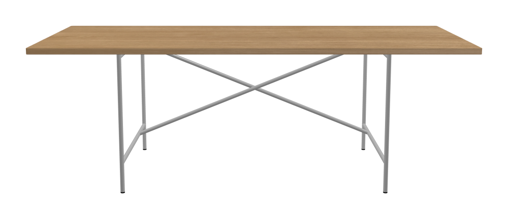 E2 Tisch - Form Eckig - Länge 220,00 cm - Tiefe 90,00 cm - Radius 1,00 cm - Stärke 2,9 cm - Oberseite Holzfurnier, Eiche - Kern Stäbchenplatte - Kante Holz, Eiche - Kantenschräge 90° / E2 Tischgestell - Material und Farbe Stahl, Weißaluminium (RAL 9006) - Kreuzstreben Versetzt - Länge 135 cm - Breite 78 cm - Höhe 72 cm