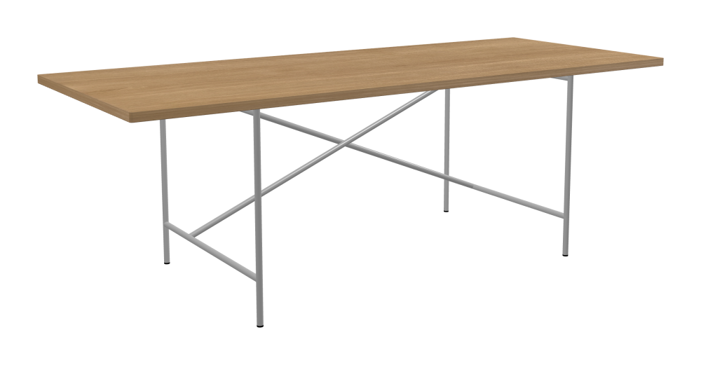 E2 Tisch - Form Eckig - Länge 220,00 cm - Tiefe 90,00 cm - Radius 1,00 cm - Stärke 2,9 cm - Oberseite Holzfurnier, Eiche - Kern Stäbchenplatte - Kante Holz, Eiche - Kantenschräge 90° / E2 Tischgestell - Material und Farbe Stahl, Weißaluminium (RAL 9006) - Kreuzstreben Versetzt - Länge 135 cm - Breite 78 cm - Höhe 72 cm