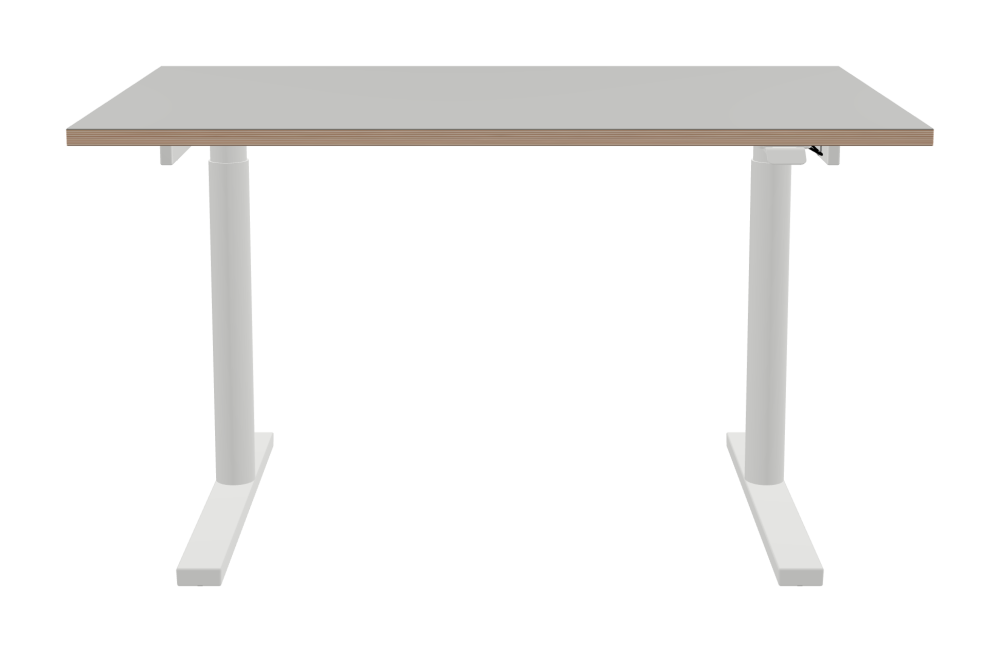 ATS Schreibtisch - Form Eckig - Länge 130,00 cm - Tiefe 80,00 cm - Radius 0,30 cm - Stärke 2,6 cm - Oberseite Linoleum, 4175 Pebble - Kern Multiplex Birke - Kantenschräge 90° / ATS Schreibtischgestell - Materialien und Farben Pulverbeschichtet, Verkehrsweiß (RAL 9016) - Größe L 106 x B 71 cm - Motorsäule Rund - Bedienelement Standard
