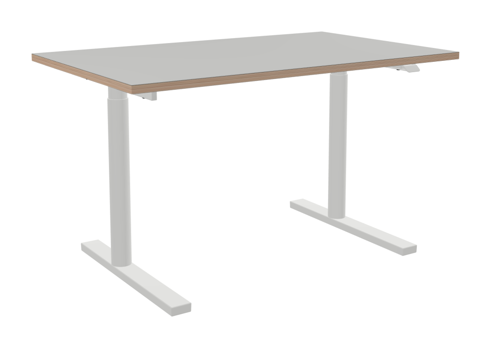 ATS Schreibtisch - Form Eckig - Länge 130,00 cm - Tiefe 80,00 cm - Radius 0,30 cm - Stärke 2,6 cm - Oberseite Linoleum, 4175 Pebble - Kern Multiplex Birke - Kantenschräge 90° / ATS Schreibtischgestell - Materialien und Farben Pulverbeschichtet, Verkehrsweiß (RAL 9016) - Größe L 106 x B 71 cm - Motorsäule Rund - Bedienelement Standard
