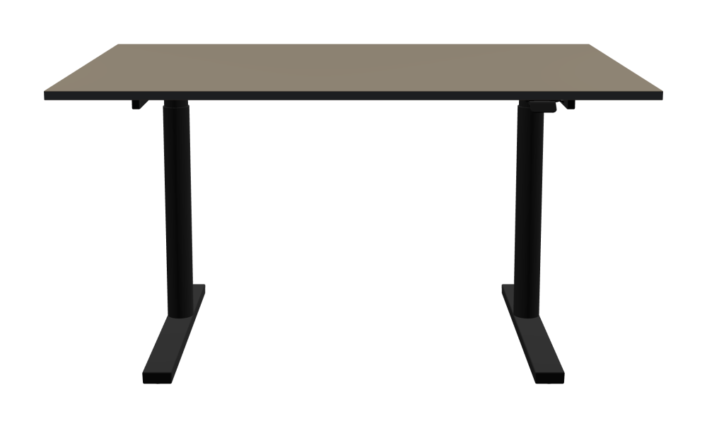 ATS Schreibtisch - Form Eckig - Länge 140,00 cm - Tiefe 90,00 cm - Radius 0,30 cm - Stärke 2,1 cm - Oberseite Linoleum, 4011 Taupe - Kern MDF - Kante MDF, Schwarz - Kantenschräge 90° / ATS Schreibtischgestell - Materialien und Farben Pulverbeschichtet, Tiefschwarz (RAL 9005) - Größe L 106 x B 71 cm - Motorsäule Rund - Bedienelement Standard