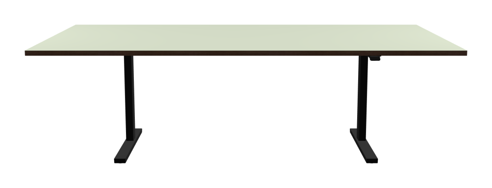 ATS Schreibtisch - Form Eckig - Länge 250,00 cm - Tiefe 120,00 cm - Radius 0,30 cm - Stärke 3 cm - Oberseite Linoleum, 4183 Pistachio - Kern Stäbchenplatte - Kante Holz, Räuchereiche - Kantenschräge 90° / ATS Schreibtischgestell - Materialien und Farben Pulverbeschichtet, Tiefschwarz (RAL 9005) - Größe L 166 x B 71 cm - Motorsäule Rechteckig - Bedienelement Standard