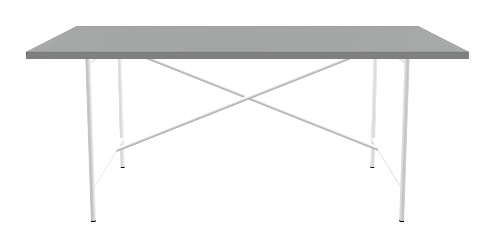 E2 Tisch - Form Eckig - Länge 180,00 cm - Tiefe 90,00 cm - Radius 0,30 cm - Stärke 3 cm - Oberseite Linoleum, 4132 Ash - Kern Stäbchenplatte - Kante Linoleum, 4132 Ash - Kantenschräge 90° / E2 Tischgestell - Material und Farbe Stahl, Verkehrsweiß (RAL 9016) - Kreuzstreben Versetzt - Länge 135 cm - Breite 78 cm - Höhe 72 cm