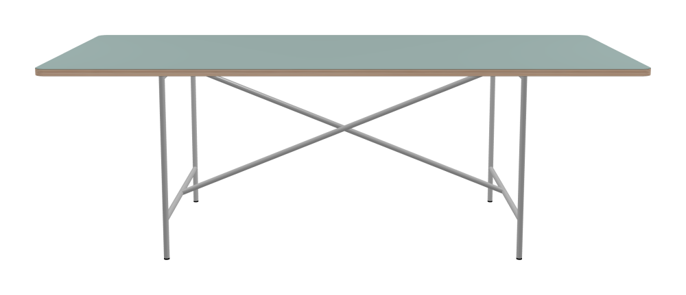 E2 Tisch - Form Eckig - Länge 220,00 cm - Tiefe 100,00 cm - Radius 4,00 cm - Stärke 2,6 cm - Freiformfläche 1.00000000 - Oberseite Linoleum, 4004 Blue Haze - Kern Multiplex Birke - Kantenschräge 90° / E2 Tischgestell - Material und Farbe Stahl, Weißaluminium (RAL 9006) - Kreuzstreben Mittig - Länge 135 cm - Breite 78 cm - Höhe 72 cm