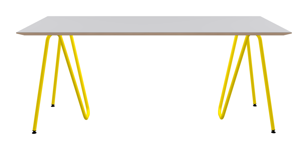SINUS Tisch - Form Eckig - Länge 180,00 cm - Tiefe 90,00 cm - Radius 0,30 cm - Stärke 2,6 cm - Oberseite Linoleum, 4177 Vapour - Kern Multiplex Birke - Kantenschräge 25° / SINUS Tischböcke - Material und Farbe Stahl, Pulverbeschichtet, Zinkgelb (RAL 1018) - Größe M: L 63 × B 36 × H 72 cm