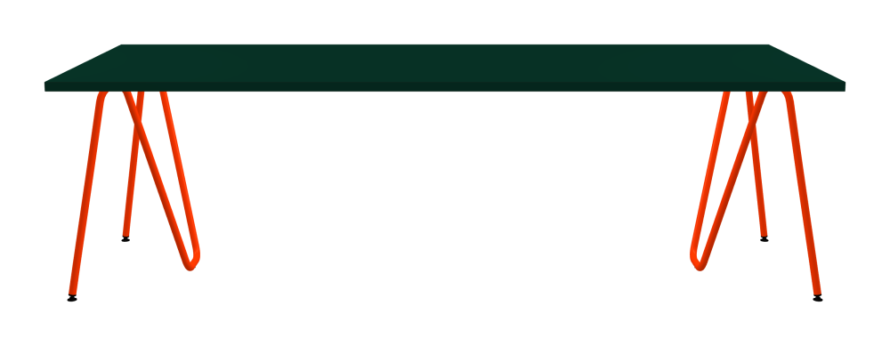 SINUS Tisch - Form Eckig - Länge 250,00 cm - Tiefe 95,00 cm - Radius 0,30 cm - Stärke 3 cm - Oberseite Linoleum, 4174 Conifer - Kern Stäbchenplatte - Kante Linoleum, 4174 Conifer - Kantenschräge 90° / SINUS Tischböcke - Material und Farbe Stahl, Pulverbeschichtet, Blutorange (RAL 2002) - Größe L: L 74 × B 36 × H 72 cm