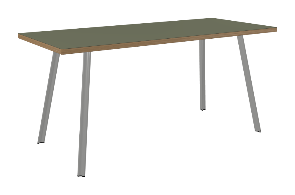 BEAM Tisch - Form Eckig - Länge 160,00 cm - Tiefe 70,00 cm - Radius 1,00 cm - Stärke 3 cm - Oberseite Linoleum, 4184 Olive - Kern Stäbchenplatte - Kante Holz, Eiche - Kantenschräge 90° / BEAM Tischbeine - Material und Farbe Aluminium, matt eloxiert - Profilgröße Klein - Höhe 71 cm - Set 4 Tischbeine