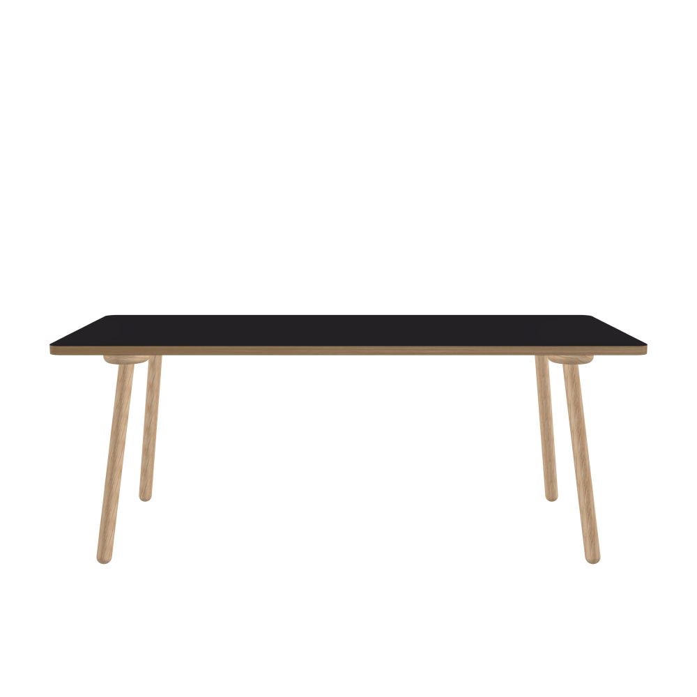 MT2 Tisch - Form Eckig - Länge 190,00 cm - Tiefe 80,00 cm - Radius 4,00 cm - Stärke 3 cm - Oberseite Linoleum, 4166 Charcoal - Kern Stäbchenplatte - Kante Holz, Eiche - Kantenschräge 90° / MT2 Tischbeine - Material und Farbe Holz, Eiche, natur, matt geölt - Set 4 Tischbeine