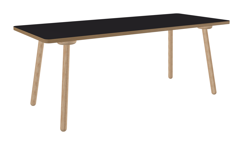 MT2 Tisch - Form Eckig - Länge 190,00 cm - Tiefe 80,00 cm - Radius 4,00 cm - Stärke 3 cm - Oberseite Linoleum, 4166 Charcoal - Kern Stäbchenplatte - Kante Holz, Eiche - Kantenschräge 90° / MT2 Tischbeine - Material und Farbe Holz, Eiche, natur, matt geölt - Set 4 Tischbeine