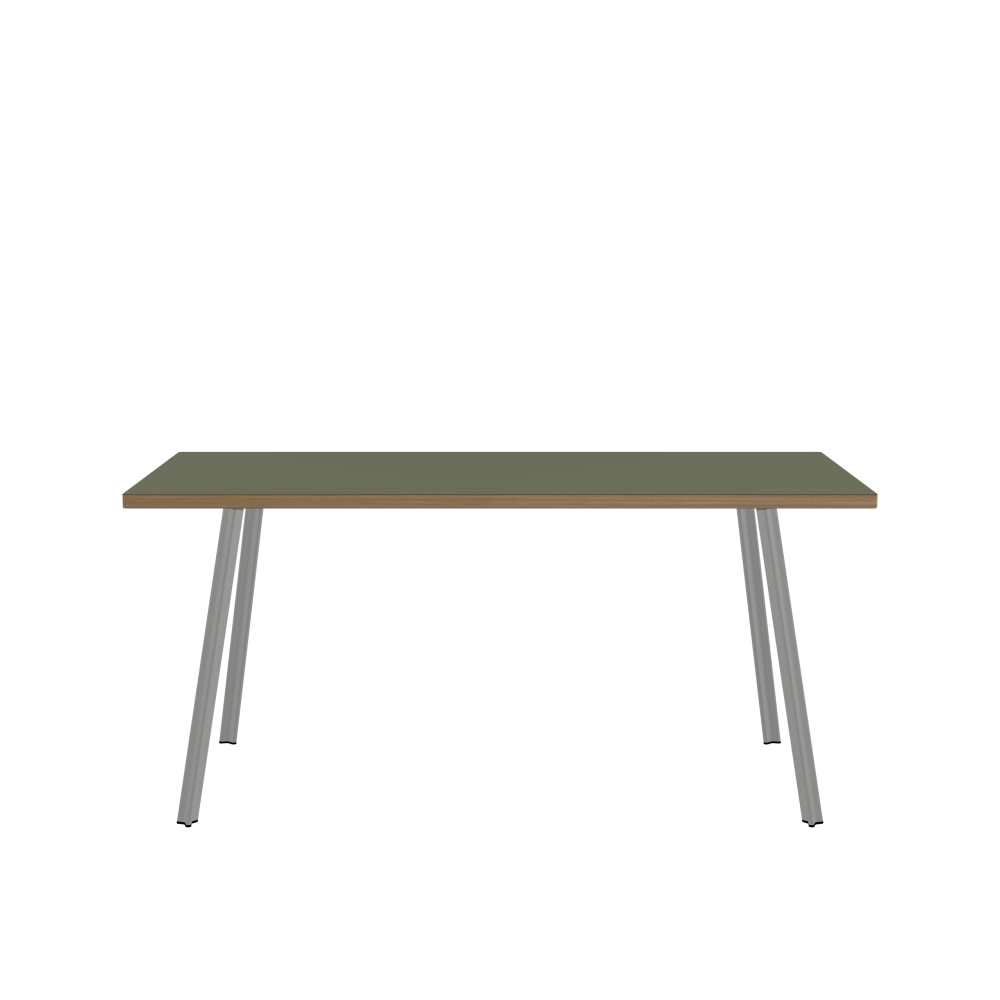 BEAM Tisch - Form Eckig - Länge 160,00 cm - Tiefe 70,00 cm - Radius 1,00 cm - Stärke 3 cm - Oberseite Linoleum, 4184 Olive - Kern Stäbchenplatte - Kante Holz, Eiche - Kantenschräge 90° / BEAM Tischbeine - Material und Farbe Aluminium, matt eloxiert - Profilgröße Klein - Höhe 71 cm - Set 4 Tischbeine