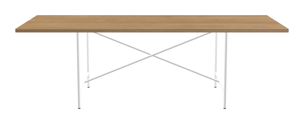 E2 Tisch - Form Eckig - Länge 240,00 cm - Tiefe 95,00 cm - Radius 1,00 cm - Stärke 2,9 cm - Oberseite Holzfurnier, Eiche - Kern Stäbchenplatte - Kante Holz, Eiche - Kantenschräge 90° / E2 Tischgestell - Material und Farbe Stahl, Verkehrsweiß (RAL 9016) - Kreuzstreben Mittig - Länge 135 cm - Breite 78 cm - Höhe 72 cm