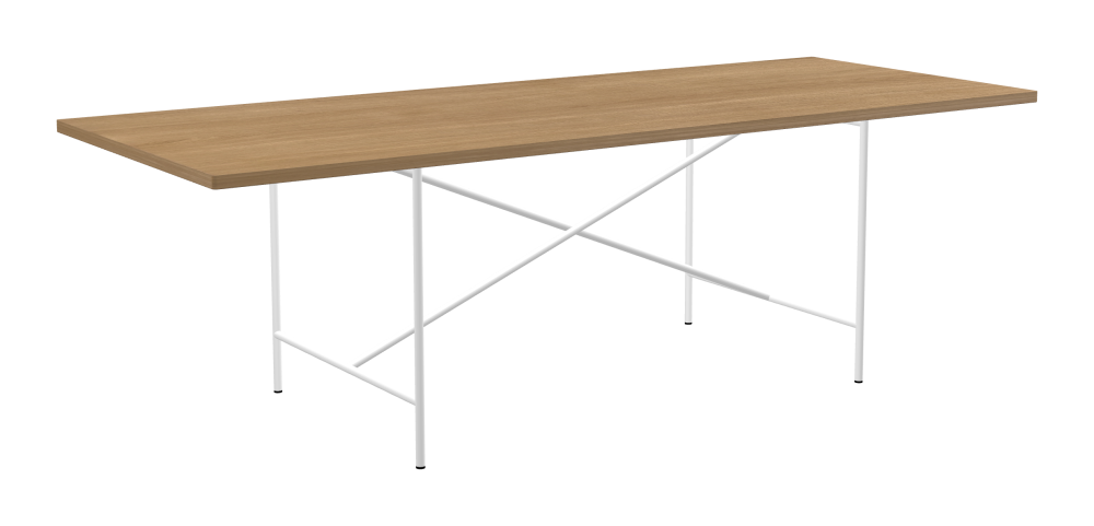 E2 Tisch - Form Eckig - Länge 240,00 cm - Tiefe 95,00 cm - Radius 1,00 cm - Stärke 2,9 cm - Oberseite Holzfurnier, Eiche - Kern Stäbchenplatte - Kante Holz, Eiche - Kantenschräge 90° / E2 Tischgestell - Material und Farbe Stahl, Verkehrsweiß (RAL 9016) - Kreuzstreben Mittig - Länge 135 cm - Breite 78 cm - Höhe 72 cm