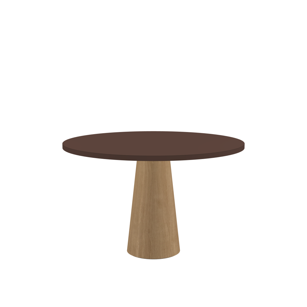 ALT Tisch - Form Rund - Länge 119,00 cm - Tiefe 119,00 cm - Stärke 3 cm - Freiformfläche 1.00000000 - Oberseite Linoleum, 4009 Espresso - Kern Stäbchenplatte - Kante Linoleum, 4009 Espresso - Kantenschräge 90° / ALT Tischsäule - Oberseite Holzfurnier, Eiche - Größe S: Ø 36 × H 72 cm
