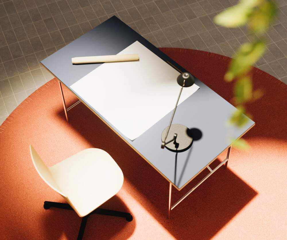 Rechteckige Holztischplatte, mit schwarzem Linoleum beschichtet, auf einem E2-Aluminium-Tischgestell von Egon Eiermann montiert