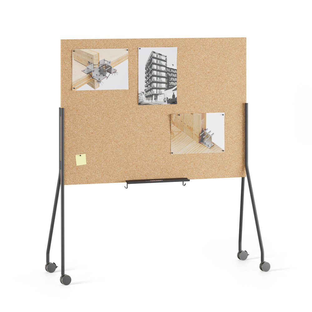 Mobile double-sided cork board with black metal stand and locking wheels designed by Michel Charlot for FAUST Linoleum