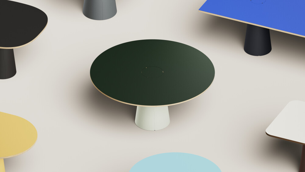 ALT (All Linoleum Tabe) konusförmiges Tischgestell, beschichtet mit Pure Linoleum, designed by Keiji Takeuchi
