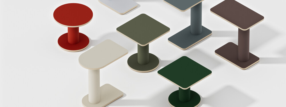 A collection of OFF-CUT side tables designed by BIG-GAME available in half-round, rectangular, round, and square formats, featuring various linoleum color combinations.