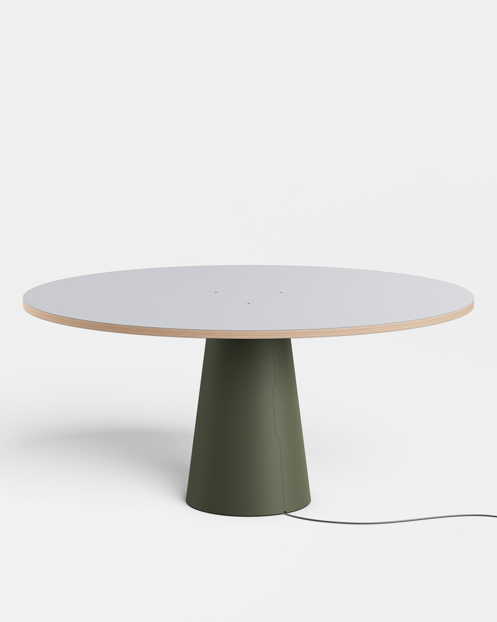ALT Linoleum-Tisch von Faust in Vapour (Platte) und Olive (Fuß), rund mit Mittelfuß und Kabeldurchlass – für Besprechungs- und Projekträume.