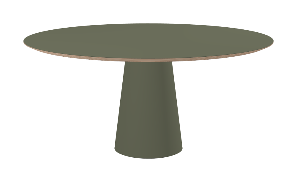 ALT Tisch - Form Rund - Länge 160,00 cm - Tiefe 160,00 cm - Stärke 2,6 cm - Freiformfläche 1.00000000 - Oberseite Linoleum, 4184 Olive - Kern Multiplex Birke - Kantenschräge 25° / ALT Tischsäule - Oberseite Linoleum, 4184 Olive - Größe L: Ø 42 × H 72 cm