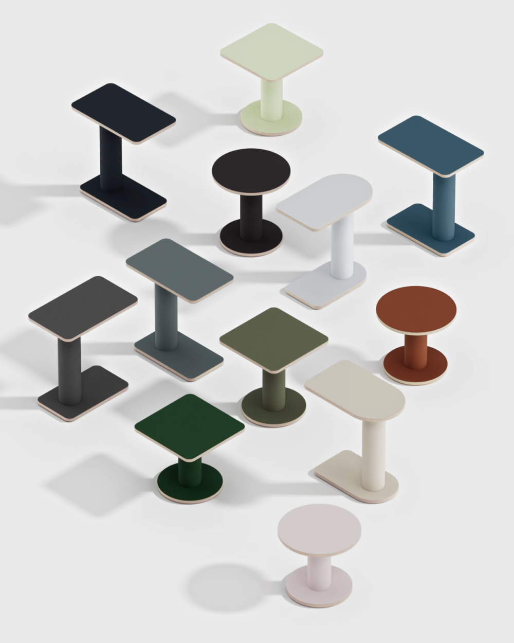 OFF-CUT side tables by Faust with linoleum surfaces in various colors, shapes, and heights—round and square versions.