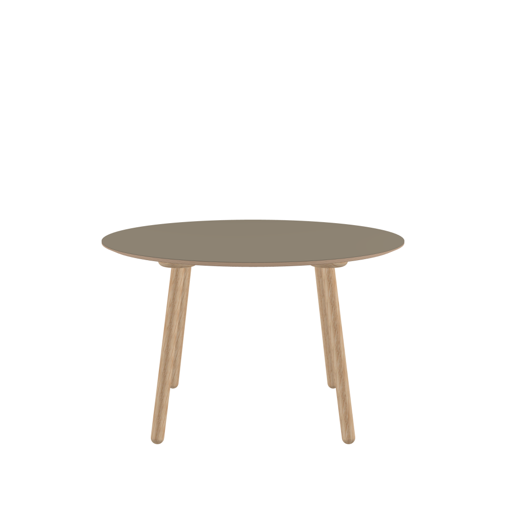 MT2 Tisch - Form Rund - Länge 120,00 cm - Tiefe 120,00 cm - Stärke 2 cm - Freiformfläche 1.00000000 - Oberseite Linoleum, 4011 Taupe - Kern Multiplex Birke - Kantenschräge 25° / MT2 Tischbeine - Material und Farbe Holz, Eiche, natur, matt geölt - Set 4 Tischbeine