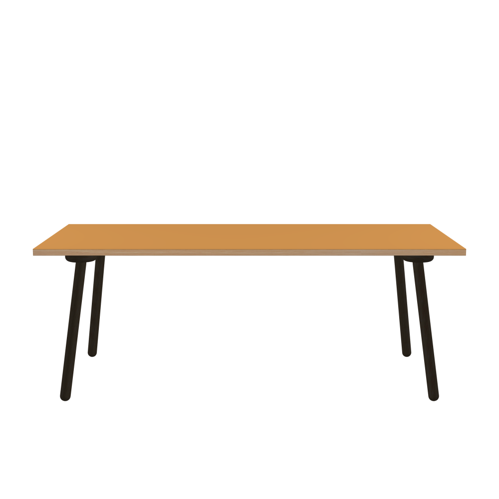 MT2 Tisch - Form Eckig - Länge 200,00 cm - Tiefe 90,00 cm - Radius 0,30 cm - Stärke 3 cm - Oberseite Linoleum, 4002 Leather - Kern Stäbchenplatte - Kante Holz, Lärche - Kantenschräge 90° / MT2 Tischbeine - Material und Farbe Holz, Eiche, schwarz gebeizt, matt geölt - Set 4 Tischbeine