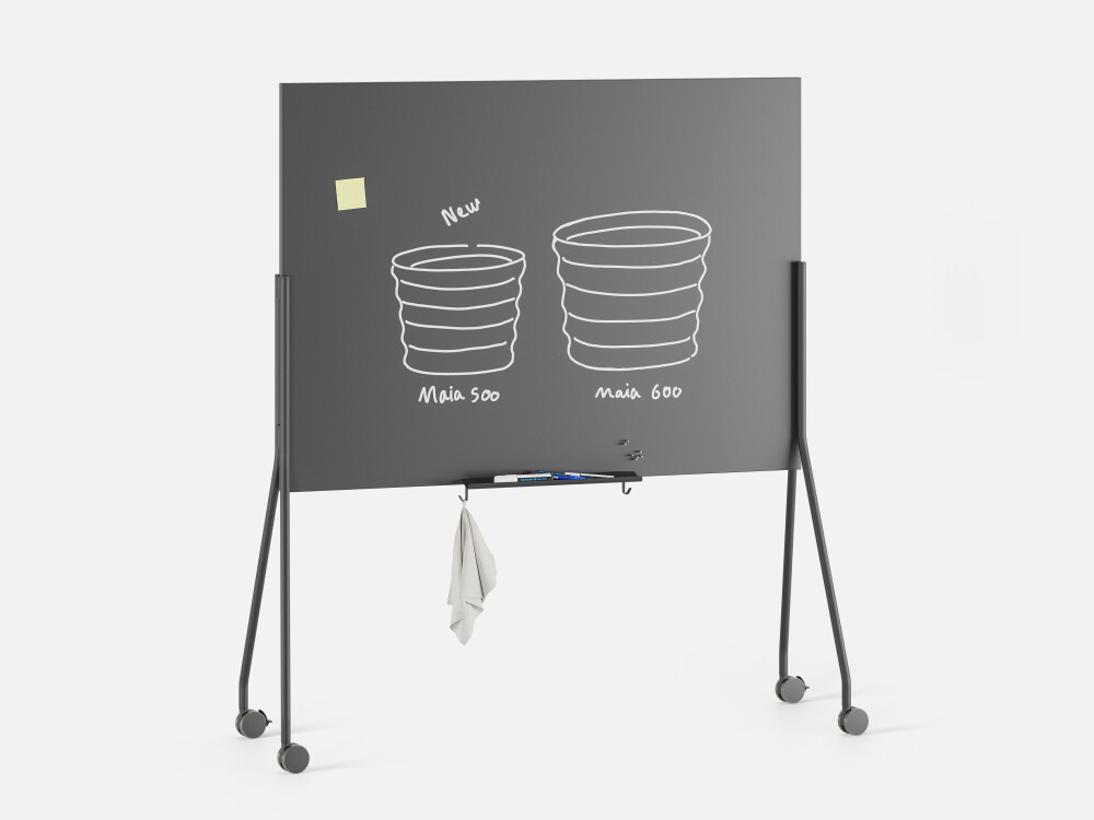 Mobile WALL Pinnwand mit schwarzer magnetischer Tafelfläche, darauf Skizzen von zwei Objekten mit Beschriftung.