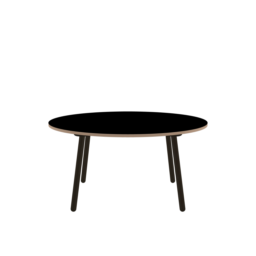 MT2 Tisch - Form Rund - Länge 150,00 cm - Tiefe 150,00 cm - Stärke 2,6 cm - Freiformfläche 1.00000000 - Oberseite Linoleum, 4023 Nero - Kern Multiplex Birke - Kantenschräge 90° / MT2 Tischbeine - Material und Farbe Holz, Eiche, schwarz gebeizt, matt geölt - Set 4 Tischbeine