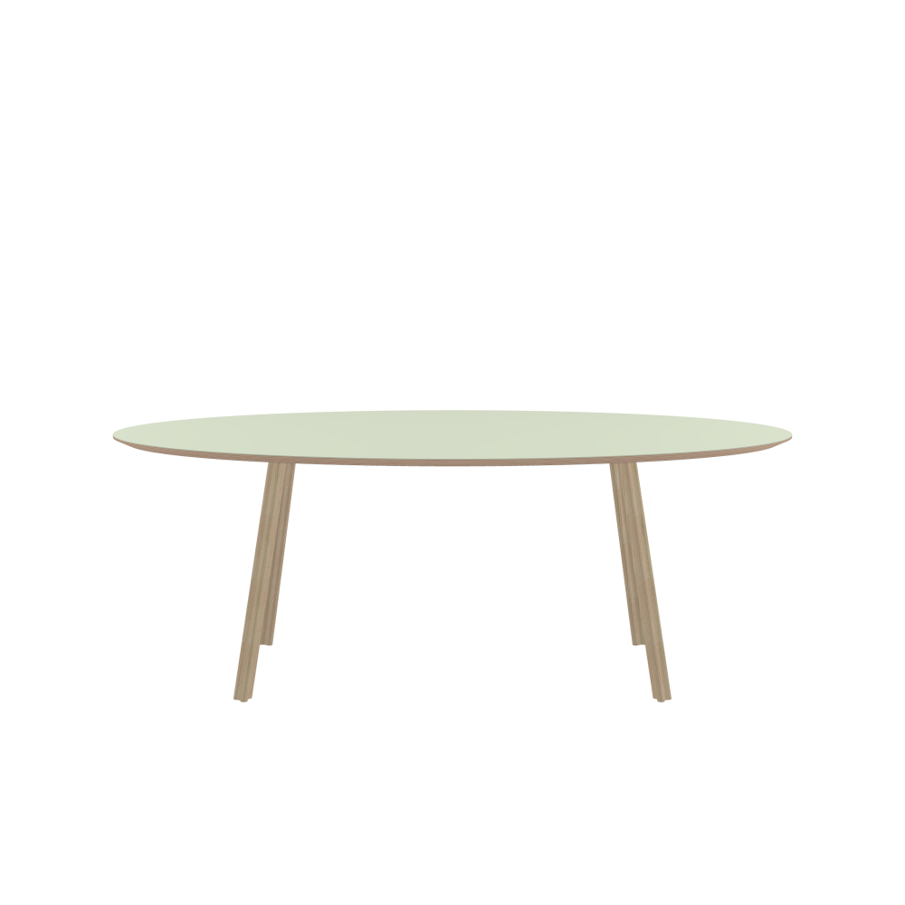 BEAM Tisch - Form Superellipse - Länge 200,00 cm - Tiefe 100,00 cm - Superellipse Exponent 2,00  - Stärke 2,6 cm - Freiformfläche 1.00000000 - Oberseite Linoleum, 4183 Pistachio - Kern Multiplex Birke - Kantenschräge 25° / BEAM Tischbeine - Material und Farbe Holz, Esche, matt geölt - Profilgröße Normal - Höhe 71 cm - Set 4 Tischbeine