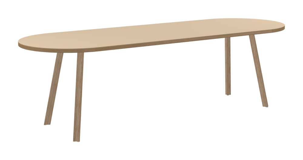 BEAM Tisch - Form Eckig - Länge 250,00 cm - Tiefe 85,00 cm - Radius 42,50 cm - Stärke 3 cm - Freiformfläche 1.00000000 - Oberseite Linoleum, 4007 Macadamia - Kern Stäbchenplatte - Kante Holz, Eiche - Kantenschräge 90° / BEAM Tischbeine - Material und Farbe Holz, Eiche, matt geölt - Profilgröße Normal - Höhe 71 cm - Set 4 Tischbeine
