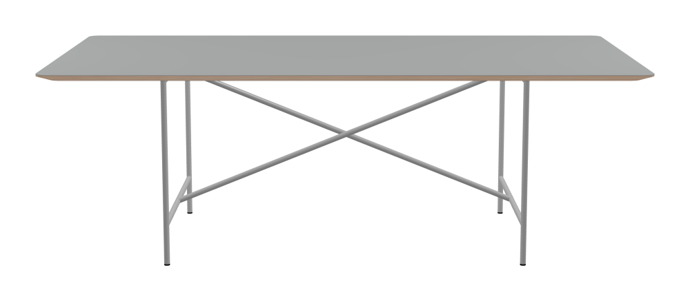 E2 Tisch - Form Eckig - Länge 220,00 cm - Tiefe 110,00 cm - Radius 4,00 cm - Stärke 2,6 cm - Freiformfläche 1.00000000 - Oberseite Linoleum, 4132 Ash - Kern Multiplex Birke - Kantenschräge 25° / E2 Tischgestell - Material und Farbe Stahl, Weißaluminium (RAL 9006) - Kreuzstreben Mittig - Länge 135 cm - Breite 78 cm - Höhe 72 cm