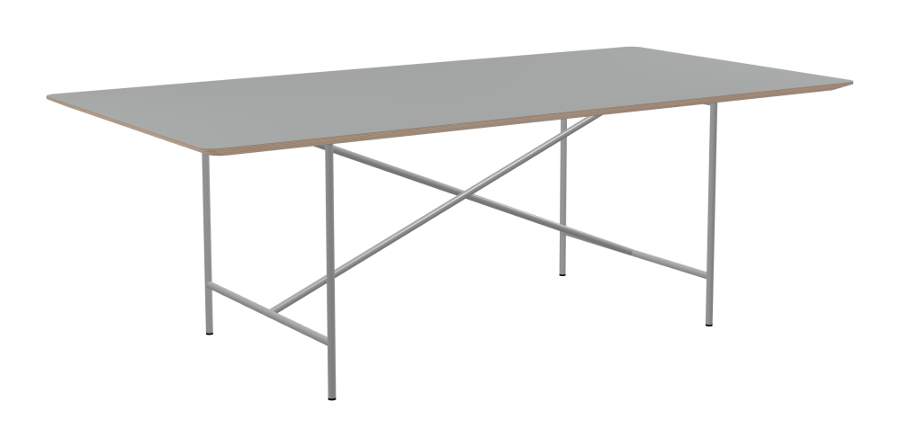 E2 Tisch - Form Eckig - Länge 220,00 cm - Tiefe 110,00 cm - Radius 4,00 cm - Stärke 2,6 cm - Freiformfläche 1.00000000 - Oberseite Linoleum, 4132 Ash - Kern Multiplex Birke - Kantenschräge 25° / E2 Tischgestell - Material und Farbe Stahl, Weißaluminium (RAL 9006) - Kreuzstreben Mittig - Länge 135 cm - Breite 78 cm - Höhe 72 cm