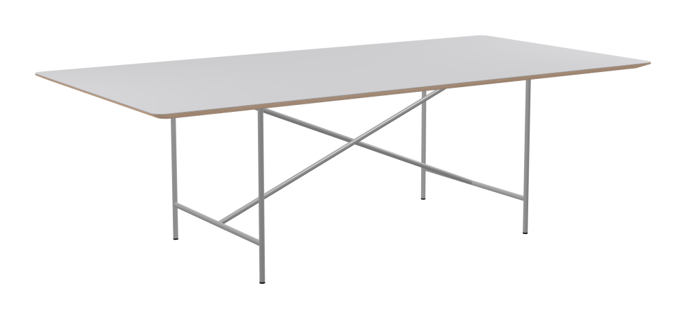 E2 Tisch - Form Eckig - Länge 240,00 cm - Tiefe 120,00 cm - Radius 4,00 cm - Stärke 2,6 cm - Freiformfläche 1.00000000 - Oberseite Linoleum, 4177 Vapour - Kern Multiplex Birke - Kantenschräge 25° / E2 Tischgestell - Material und Farbe Stahl, Weißaluminium (RAL 9006) - Kreuzstreben Mittig - Länge 135 cm - Breite 78 cm - Höhe 72 cm