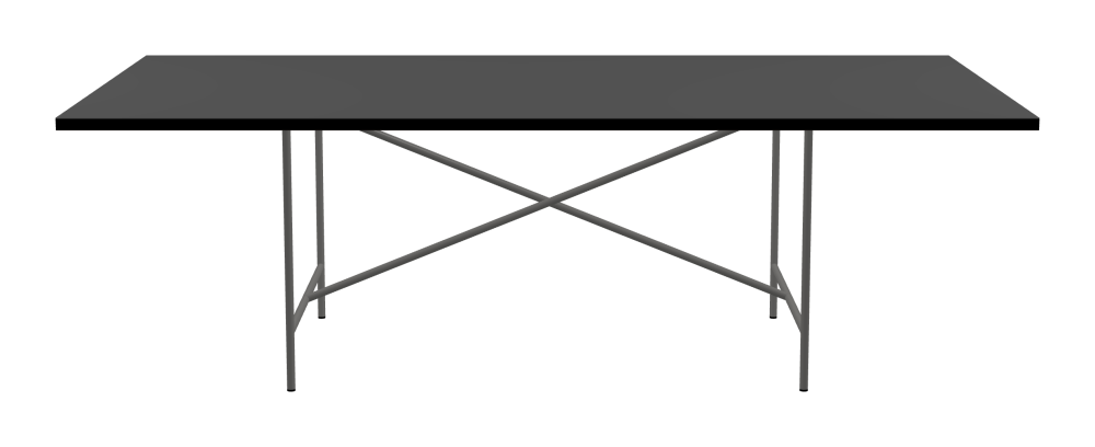 E2 Tisch - Form Eckig - Länge 240,00 cm - Tiefe 120,00 cm - Radius 0,30 cm - Stärke 3 cm - Oberseite Linoleum, 4012 Basalt - Kern Stäbchenplatte - Kante Linoleum, 4023 Nero - Kantenschräge 90° / E2 Tischgestell - Material und Farbe Stahl, Klarlackiert - Kreuzstreben Mittig - Länge 135 cm - Breite 78 cm - Höhe 72 cm