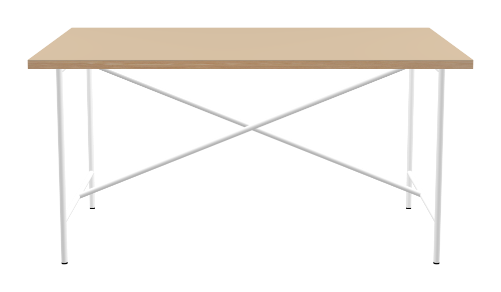 E2 Tisch - Form Eckig - Länge 150,00 cm - Tiefe 90,00 cm - Radius 0,30 cm - Stärke 3 cm - Oberseite Linoleum, 4007 Macadamia - Kern Stäbchenplatte - Kante Holz, Lärche - Kantenschräge 90° / E2 Tischgestell - Material und Farbe Stahl, Verkehrsweiß (RAL 9016) - Kreuzstreben Mittig - Länge 135 cm - Breite 70 cm - Höhe 72 cm
